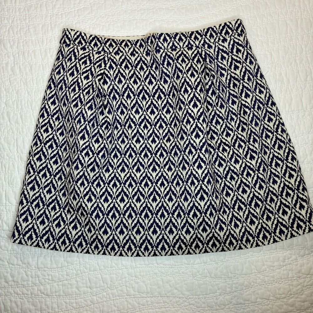 J Crew Ikat pleated skirt 12 A-line blue & white pockets coastal preppy capsule